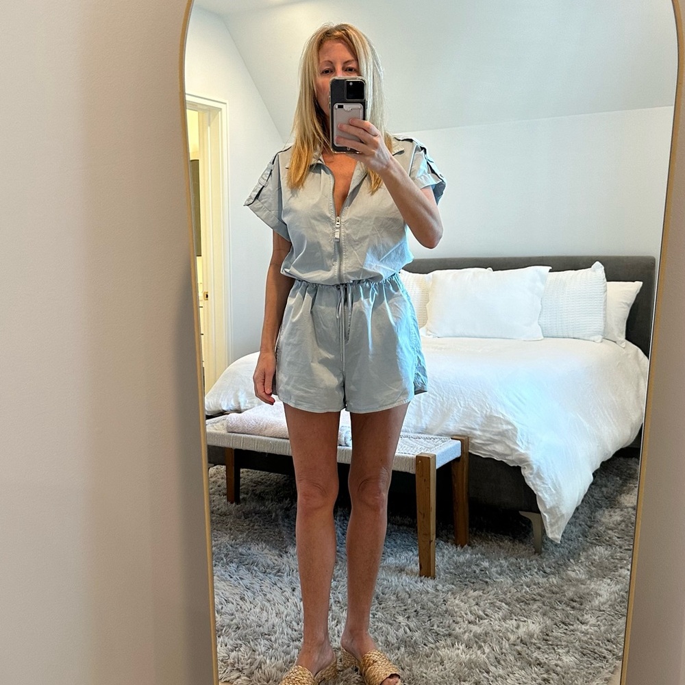 Pistola light blue zip front romper size Medium